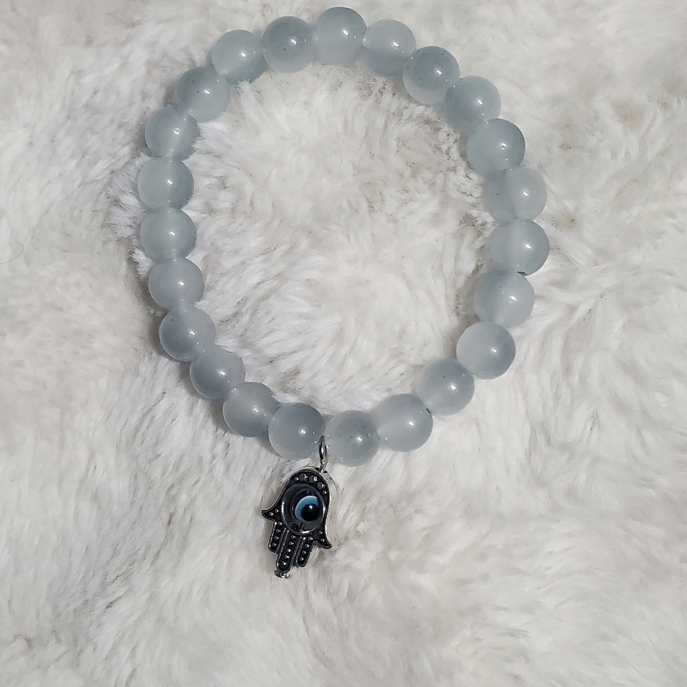 Gray Beaded Bracelet with Hamsa Charm